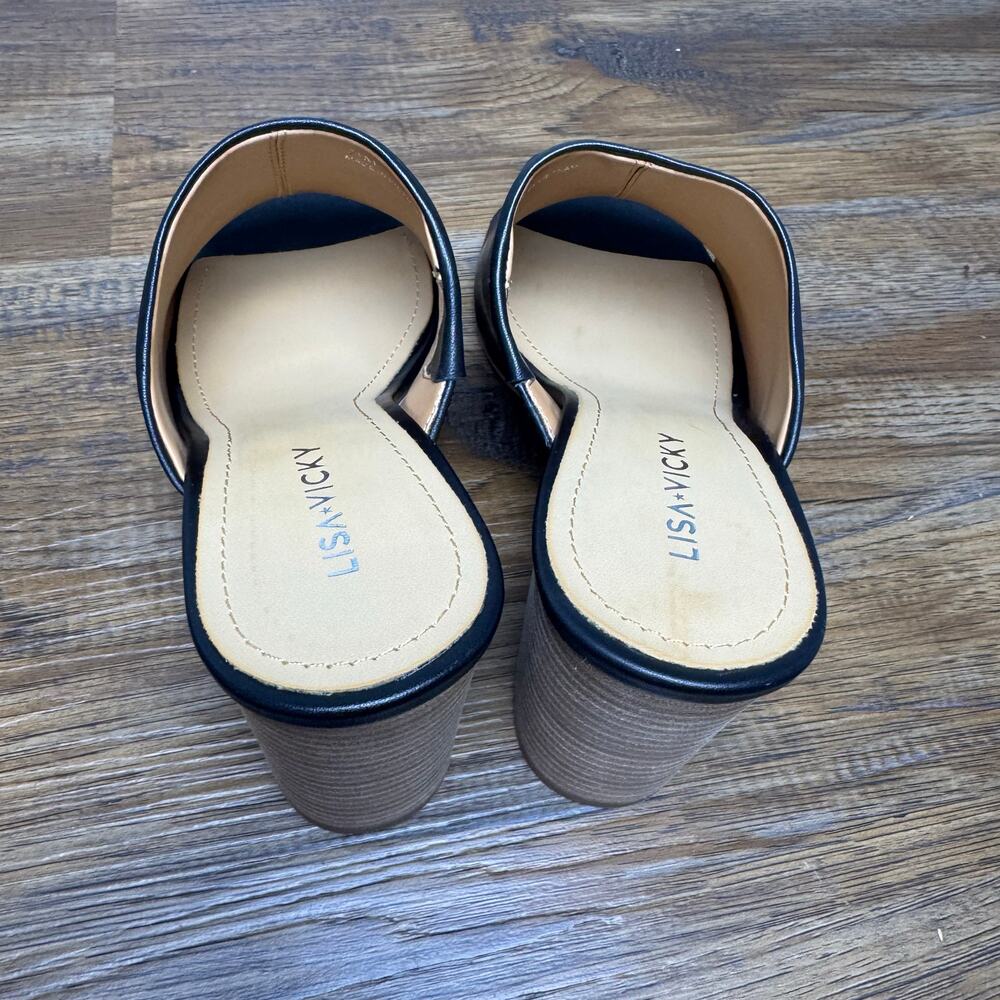 Lisa Vicky VIRTUE-V size 7.5 black sheep nappa stacked block heel slip on sandal - Picture 2 of 12